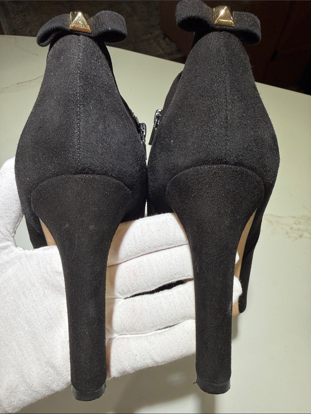 KATE SPADE 4” Heel Leather Suede Booties Black Gold Inside Heel, Size 11B - Picture 5 of 11